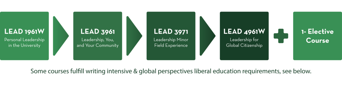 Course progression: LEAD 1961, LEAD 3961, LEAD 3971, LEAD 4961W, and one elective course. Some courses fulfill writing intensive and global perspectives liberal education requirements. read below for more information.