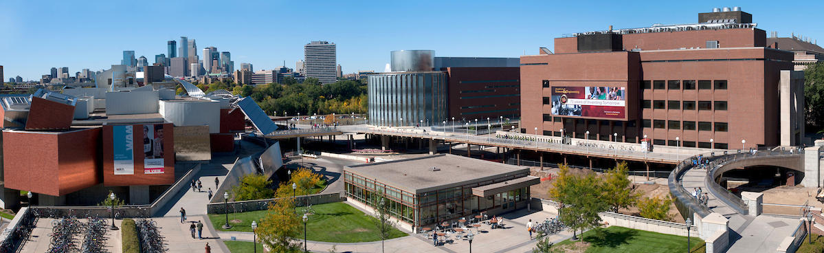 Panoramic view of the University of Minnesota East Bank campus and the downtown Minneapolis skyline